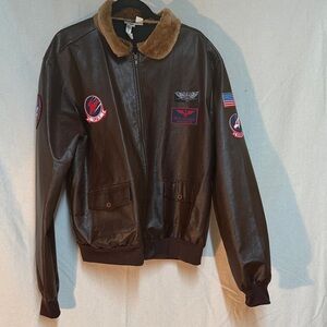 Men's Top Gun Brown Faux Leather Bomber Jacket with Patches